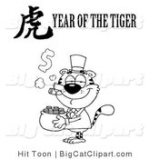 Big Cat Clipart of an Outlined Wealthy Tiger Holding a Pot of Gold with a Year of the Tiger Chinese Symbol and Text by Hit Toon