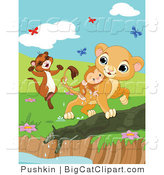 Big Cat Clipart of Butterflies over a Ferret and Lion Saving a Monkey from a Pond by Pushkin