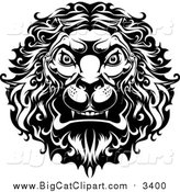 Big Cat Vector Clipart of a Black and White Angry Lion Head with a Curly Mane by Vector Tradition SM