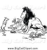 Big Cat Vector Clipart of a Black and White Fox and Lion with Prey by Prawny Vintage