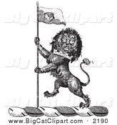 Big Cat Vector Clipart of a Black and White Lion Crest with a Flag by Picsburg