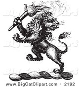 Big Cat Vector Clipart of a Black and White Lion Crest with a Torch by Picsburg