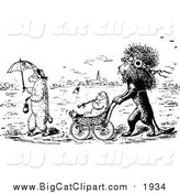 Big Cat Vector Clipart of a Black and White Lion Pushing a Lamb in a Stroller by Prawny Vintage