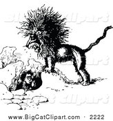 Big Cat Vector Clipart of a Black and White Mad Lion and Boy in a Hole by Prawny Vintage