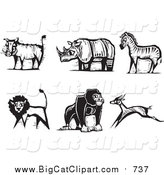 Big Cat Vector Clipart of a Black and White Safari Boar, Rhino, Zebra, Lion, Gorilla and Antelope by Xunantunich