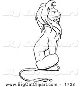 Big Cat Vector Clipart of a Black and White Sitting Lion by Prawny Vintage