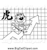Big Cat Vector Clipart of a Black and White Successful Business Tiger on a Profit Arrow, with a Year of the Tiger Chinese Symbol by Hit Toon