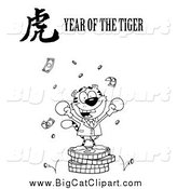 Big Cat Vector Clipart of a Black and White Victorious Business Tiger on Coins, with a Year of the Tiger Chinese Symbol and Text by Hit Toon