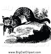 Big Cat Vector Clipart of a Black and White Wild Cat with Prey by Prawny Vintage
