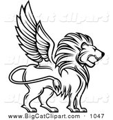 Big Cat Vector Clipart of a Black and White Winged Lion Profile by Vector Tradition SM