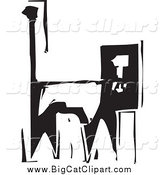 Big Cat Vector Clipart of a Black and White Woodcut Alert Lion by Xunantunich