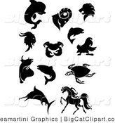 Big Cat Vector Clipart of a Black Silhouetted Lion and Other Animals by Vector Tradition SM