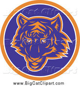 Big Cat Vector Clipart of a Blue and Orange Tiger Face in an Orange White and Blue Circle by Patrimonio