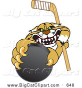 Big Cat Vector Clipart of a Bobcat Grabbing a Hockey Puck by Mascot Junction