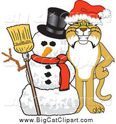 Big Cat Vector Clipart of a Bobcat with a Christmas Snowman by Mascot Junction