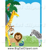 Big Cat Vector Clipart of a Border of a Parrot in a Tree, Monkey on a Giraffe, Lion, Snake and Zebra by Maria Bell