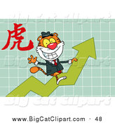 Big Cat Vector Clipart of a Business Tiger on a Growth Arrow, with a Year of the Tiger Chinese Symbol by Hit Toon