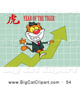 Big Cat Vector Clipart of a Business Tiger Riding a Profit Arrow, with a Year of the Tiger Chinese Symbol and Text by Hit Toon