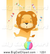 Big Cat Vector Clipart of a Circus Lion Juggling Pins and Balancing One Legged on a Ball by Qiun