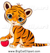 Big Cat Vector Clipart of a Cute Baby Tiger Cub Resting His Paw on a Toy Ball by Pushkin