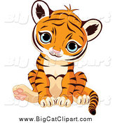 Big Cat Vector Clipart of a Cute Sitting Baby Tiger Cub with Blue Eyes by Pushkin