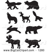 Big Cat Vector Clipart of a Digital Collage of Profiled Black Forest Animal Silhouettes, on White by