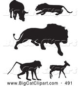 Big Cat Vector Clipart of a Digital Set of Animal Silhouettes; Boar, Panther, Lion, Baboon and Deer by