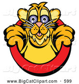 Big Cat Vector Clipart of a Friendly Cute Tiger Cub Emerging from a Red Circle by Andy Nortnik