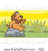 Big Cat Vector Clipart of a Friendly Waving Male Lion Character on a Rock by Cory Thoman