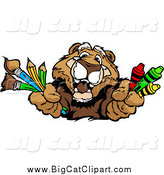 Big Cat Vector Clipart of a Happy Cougar Holding out Art Crayons Paintbrushes and Pencils by Chromaco