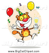 Big Cat Vector Clipart of a Happy Party Tiger with Champagne and Balloons by Hit Toon