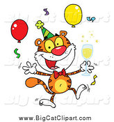 Big Cat Vector Clipart of a Happy Party Tiger with Champagne by Hit Toon