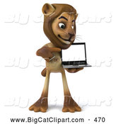 Big Cat Vector Clipart of a Helpful Lion Character Presenting a Laptop While Smiling by Julos