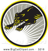 Big Cat Vector Clipart of a Leaping Panther with a Sun Burst by Patrimonio