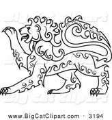 Big Cat Vector Clipart of a Lineart Curly Haired Royal Heraldic Lion by Vector Tradition SM