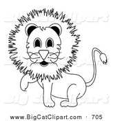 Big Cat Vector Clipart of a Lineart Male Lion Lifting One Paw by Pams Clipart