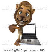 Big Cat Vector Clipart of a Lion Character Presenting a Laptop While Smiling by Julos