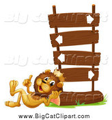 Big Cat Vector Clipart of a Lion King Talking and Resting Against a Sign Post by