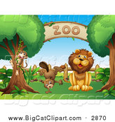 Big Cat Vector Clipart of a Male Lion and Beaver Under a Zoo Sign by