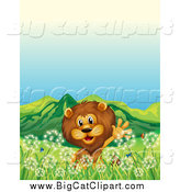 Big Cat Vector Clipart of a Male Lion Waving in a Dandelion Field by
