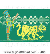 Big Cat Vector Clipart of a Mayan Warrior Walking Behind a Jaguar to the Right by Xunantunich