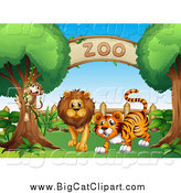 Big Cat Vector Clipart of a Monkey, Lion and Tiger at a Zoo Entrance by