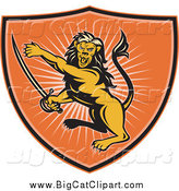 Big Cat Vector Clipart of a Orange Lion Shield and Rays by Patrimonio