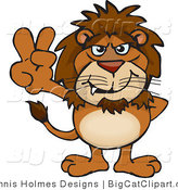 Big Cat Vector Clipart of a Peaceful Brown Lion Smiling and Gesturing the Peace Sign by Dennis Holmes Designs