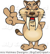 Big Cat Vector Clipart of a Peaceful Brown Sabertooth Tiger Smiling and Gesturing the Peace Sign by Dennis Holmes Designs