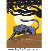 Big Cat Vector Clipart of a Prowling Black Jaguar Ready to Pounce at Sunset by Patrimonio
