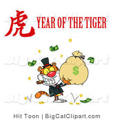 Big Cat Vector Clipart of a Rich Tiger Holding a Bag Full of Money with a Year of the Tiger Chinese Symbol and Text by Hit Toon