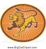 Big Cat Vector Clipart of a Roaring Lion in an Oval of Sun Rays by Patrimonio