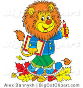 Big Cat Vector Clipart of a School Lion Walking in Autumn Leaves by Alex Bannykh