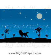 Big Cat Vector Clipart of a Silhouetted Male Lion in a Desert at Night by Pams Clipart